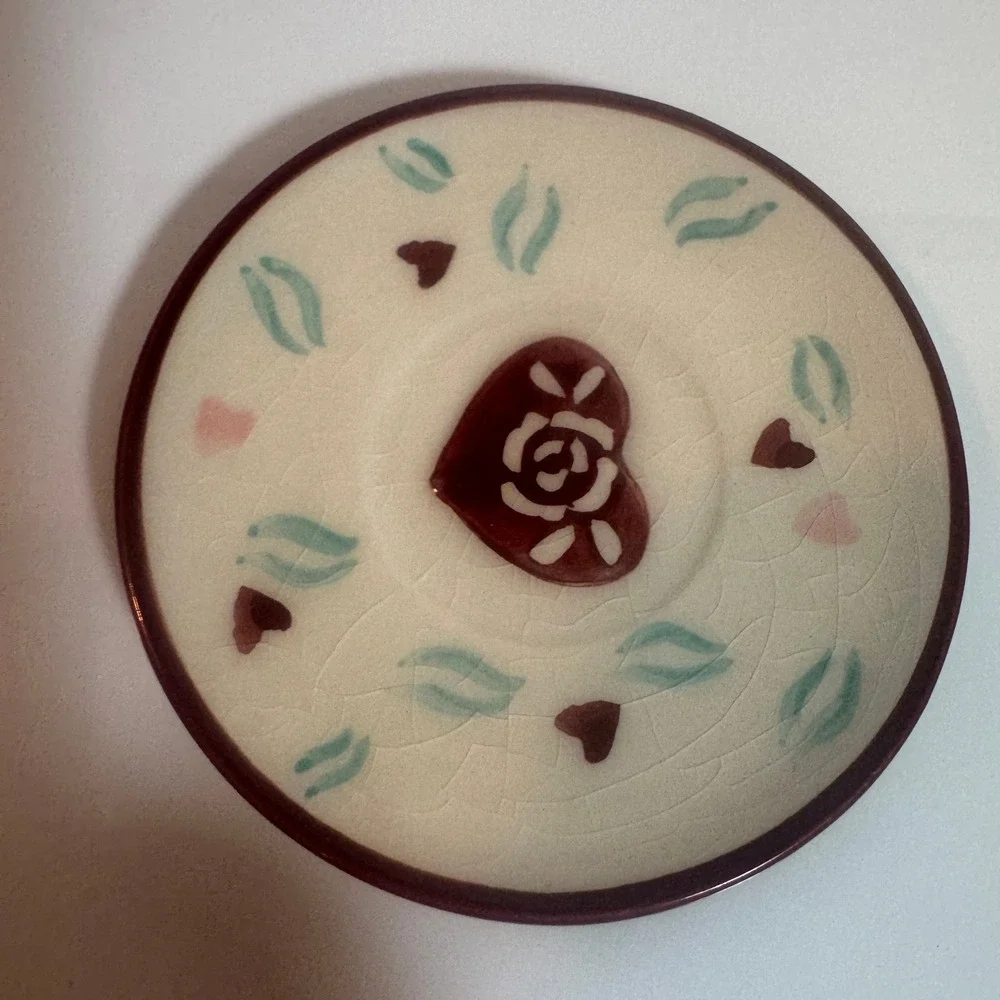 Mini Espresso Cup and Saucer Set Cracked Glaze Heart Rose‎ Design